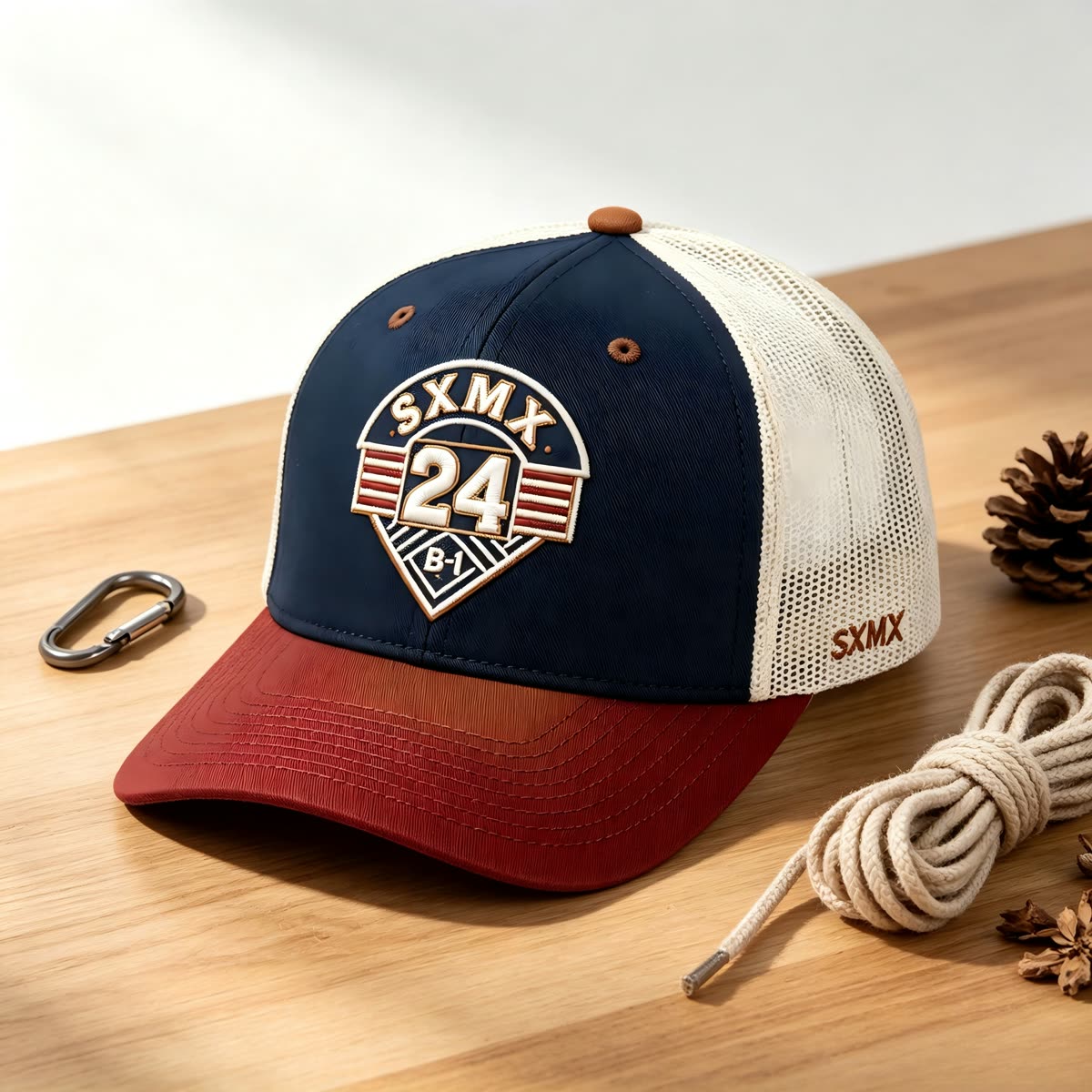 Custom Navy Striped Badge Trucker Cap with Red Brim scene