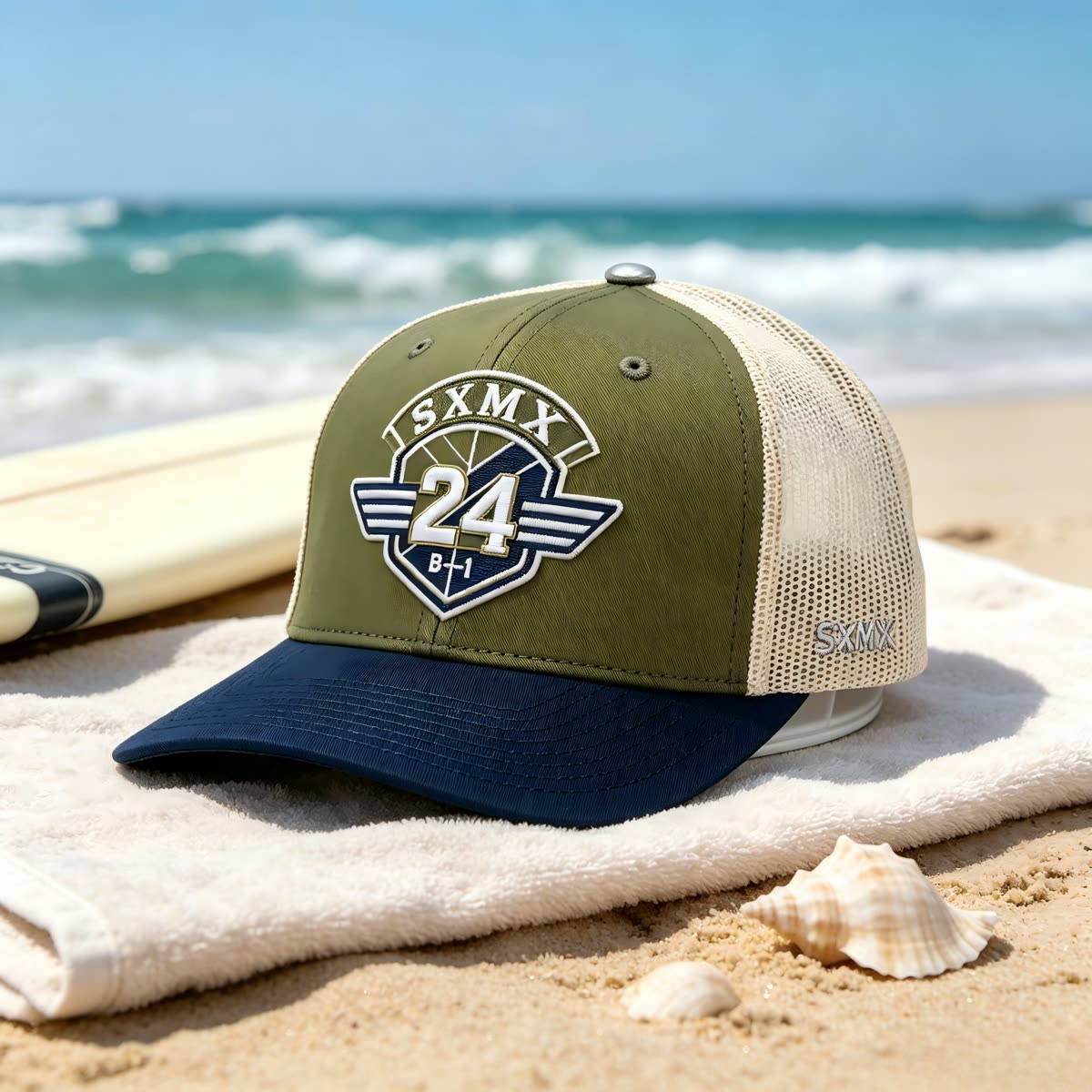 Custom Navy Striped Badge Trucker Cap with Red Brim scene