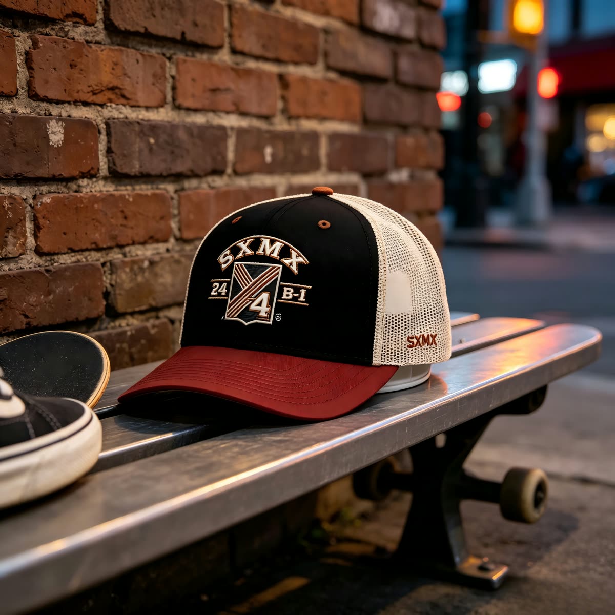 Custom Navy Striped Badge Trucker Cap with Red Brim scene