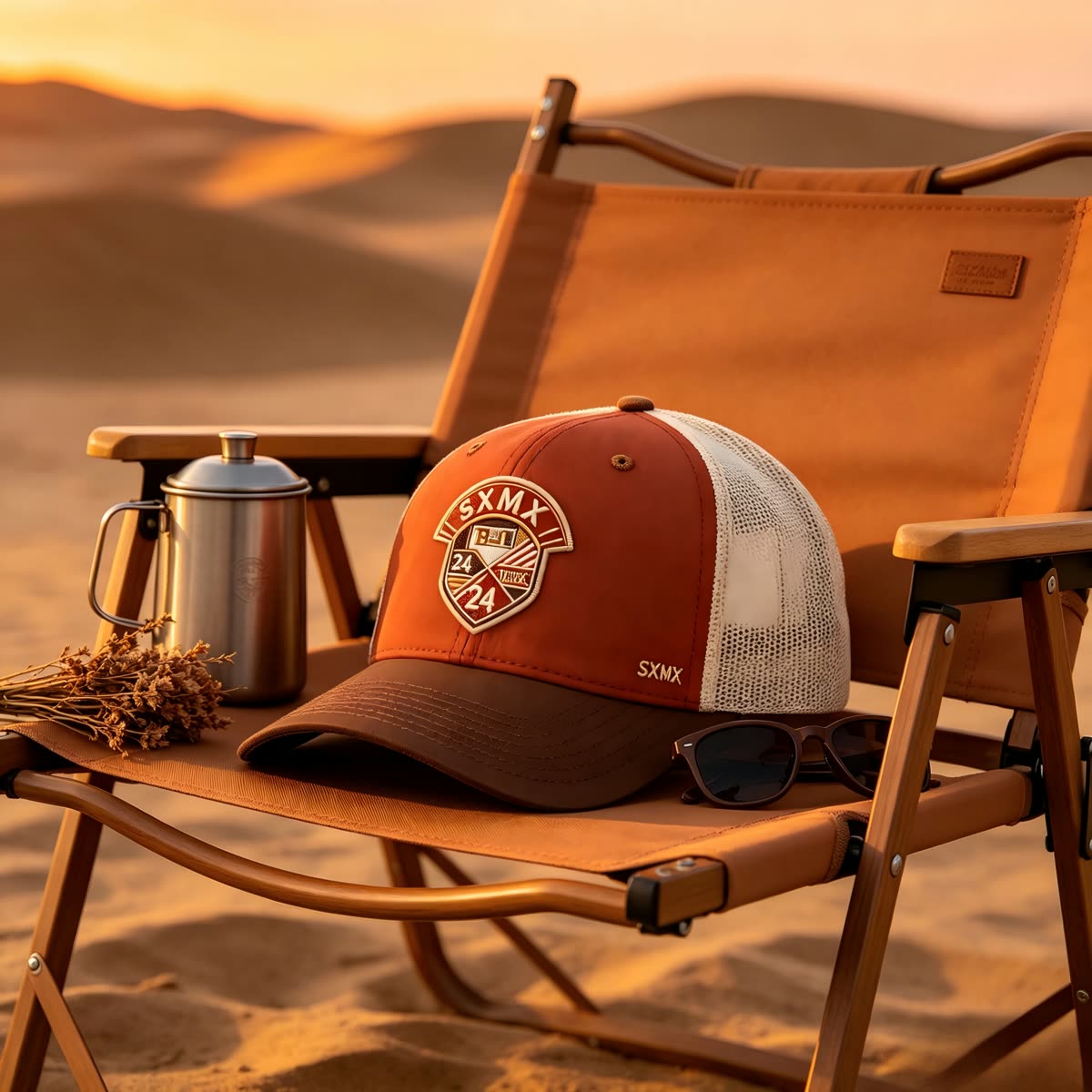 Custom Navy Striped Badge Trucker Cap with Red Brim scene