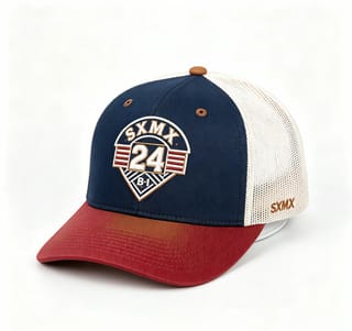 Custom Navy Striped Badge Trucker Cap with Red Brim