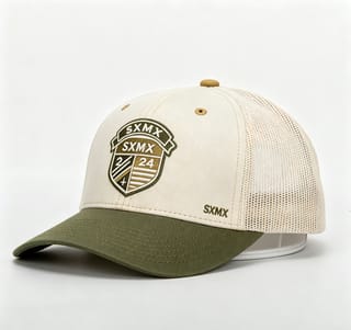 Custom Navy Striped Badge Trucker Cap with Red Brim thumb 2