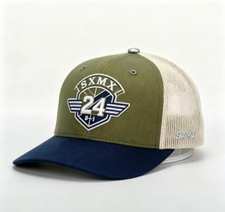 Custom Navy Striped Badge Trucker Cap with Red Brim thumb 3