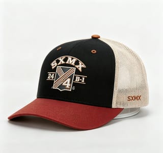 Custom Navy Striped Badge Trucker Cap with Red Brim thumb 4