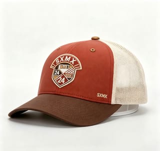 Custom Navy Striped Badge Trucker Cap with Red Brim thumb 5