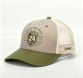 Custom Navy Striped Badge Trucker Cap with Red Brim thumb 6