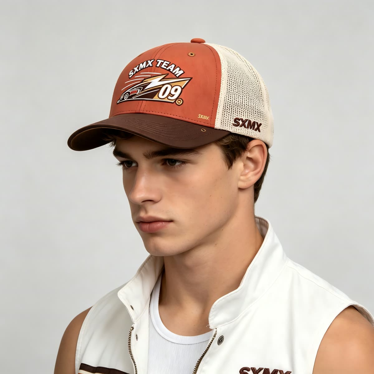 Custom Hexagon Shield Patch Trucker Cap on model