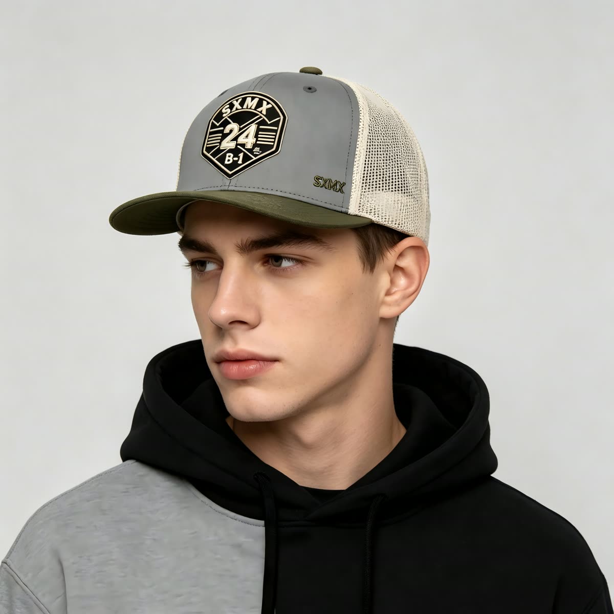 Custom Hexagon Shield Patch Trucker Cap on model