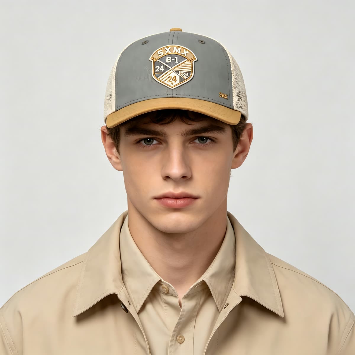 Custom Hexagon Shield Patch Trucker Cap on model