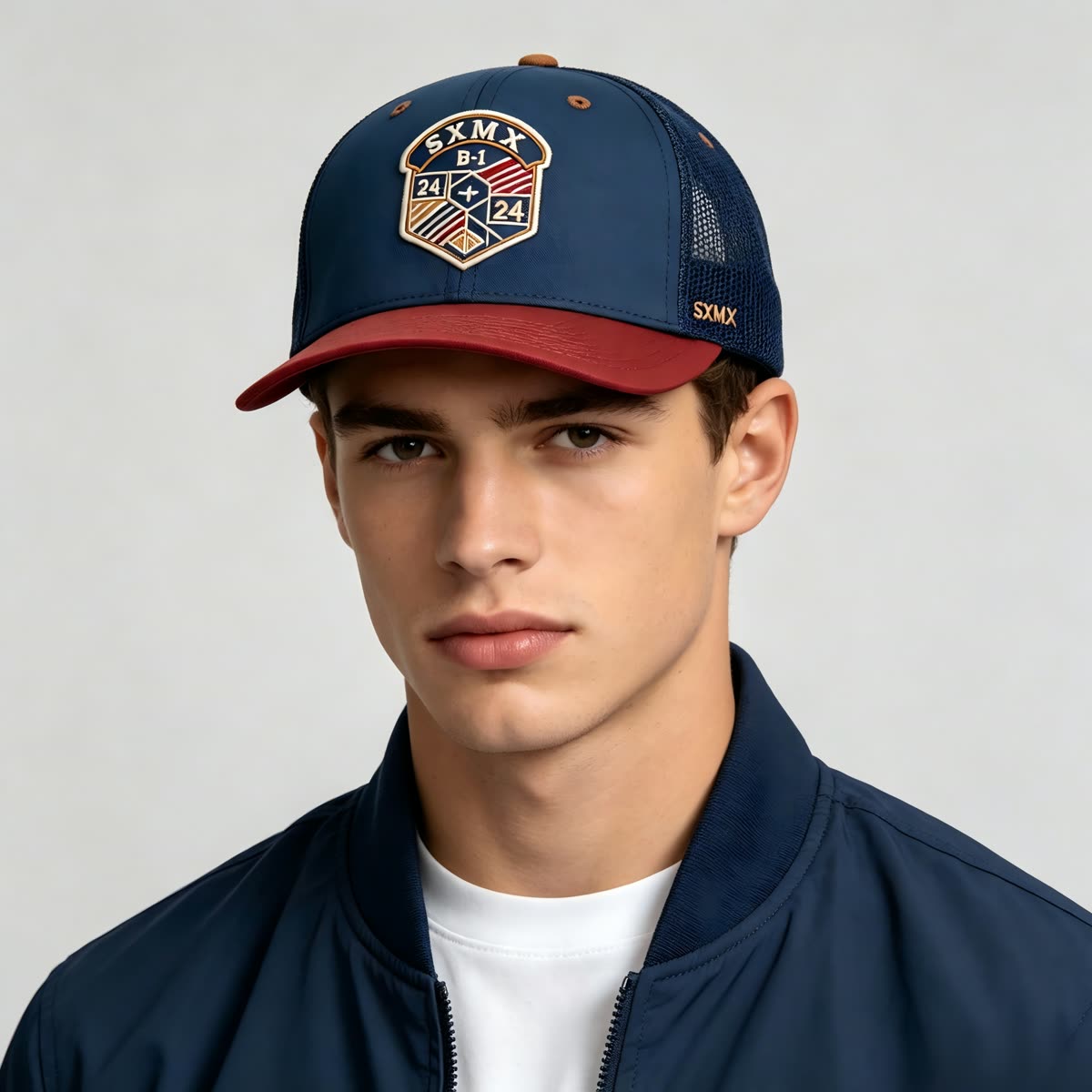 Custom Hexagon Shield Patch Trucker Cap on model