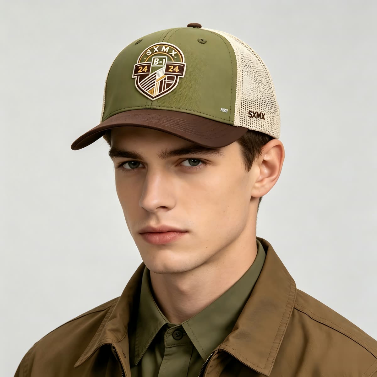 Custom Hexagon Shield Patch Trucker Cap on model