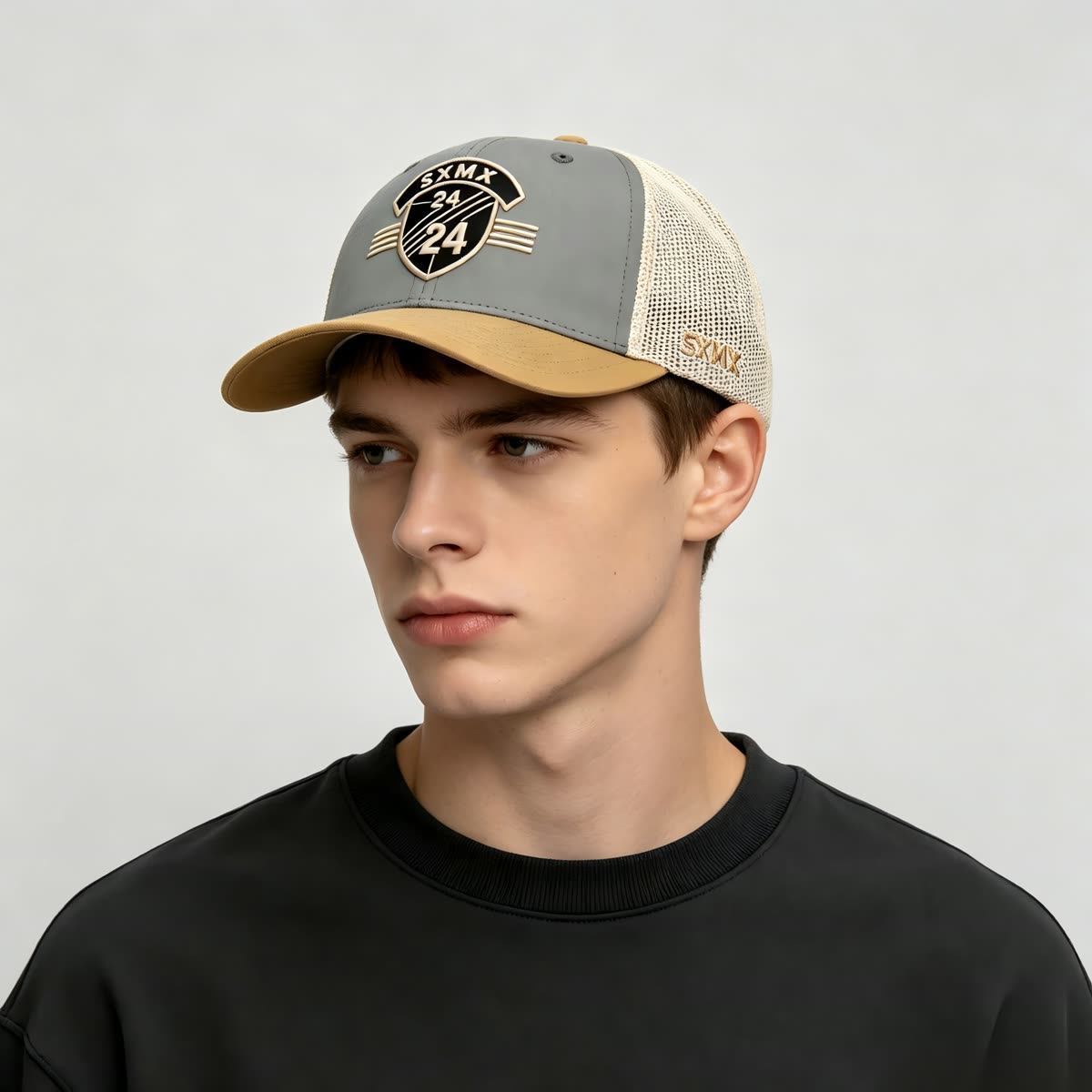 Custom Hexagon Shield Patch Trucker Cap on model