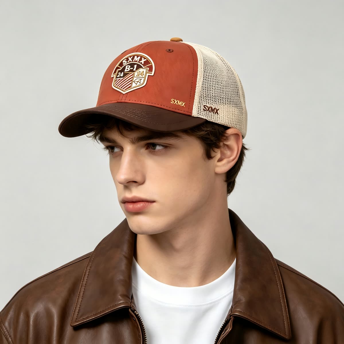 Custom Hexagon Shield Patch Trucker Cap on model