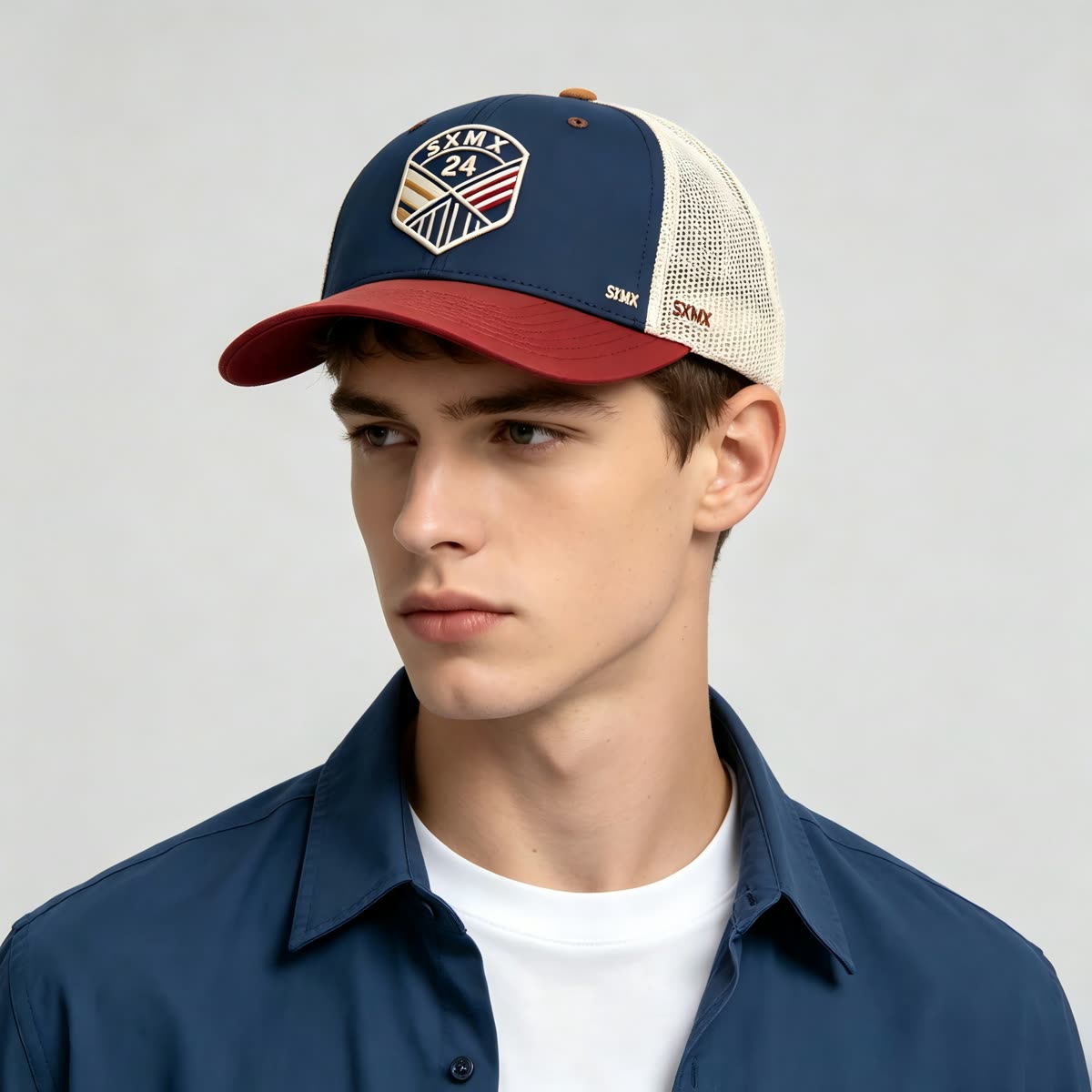 Custom Hexagon Shield Patch Trucker Cap on model