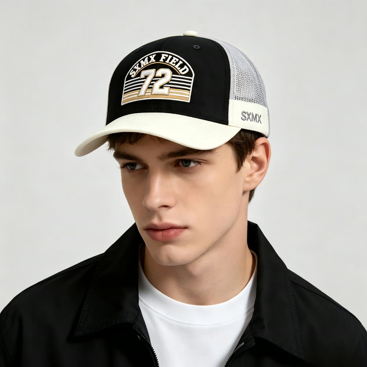 Custom Hexagon Shield Patch Trucker Cap on model