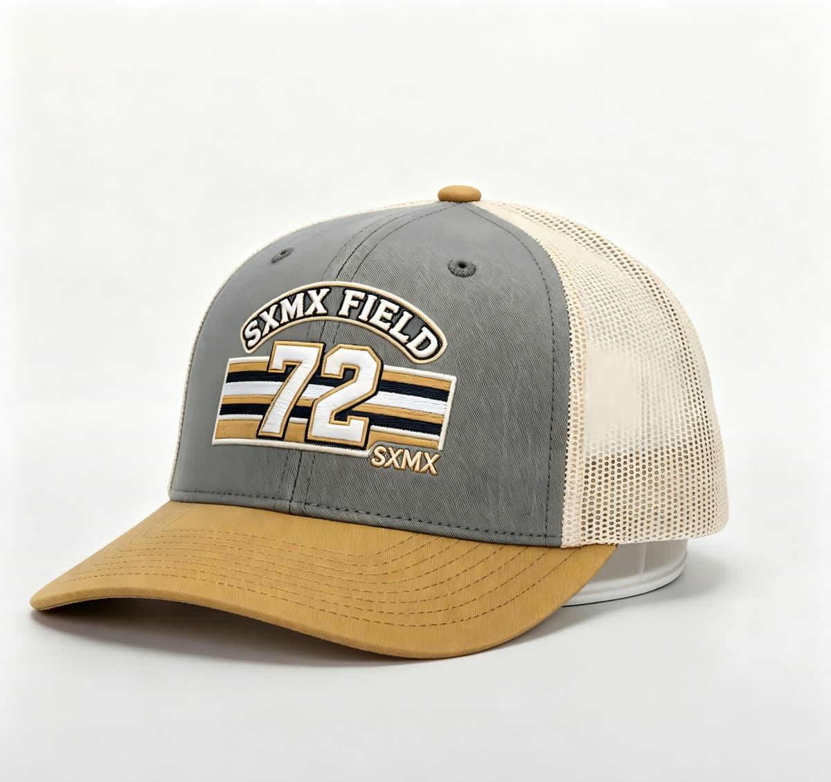 Custom Gray Striped Patch Trucker Cap with Cream Mesh Back - image 1
