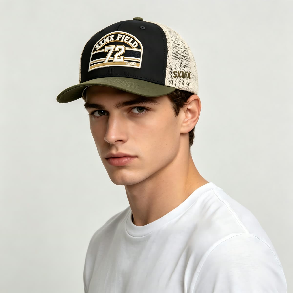 Custom Gray Striped Patch Trucker Cap with Cream Mesh Back on model