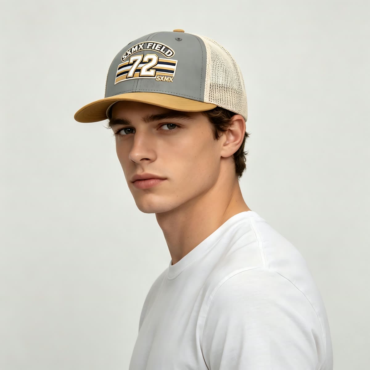 Custom Gray Striped Patch Trucker Cap with Cream Mesh Back on model