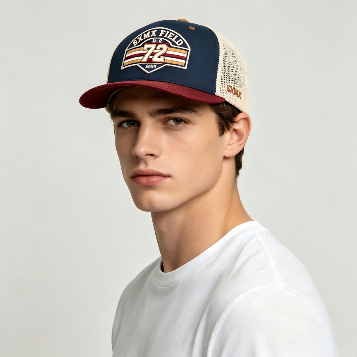 Custom Gray Striped Patch Trucker Cap with Cream Mesh Back on model