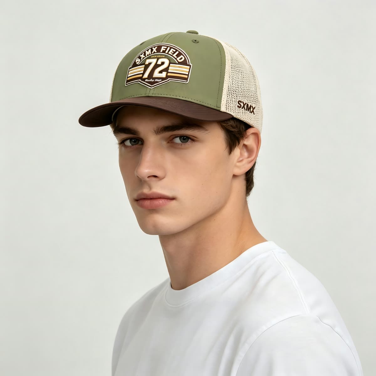 Custom Gray Striped Patch Trucker Cap with Cream Mesh Back on model