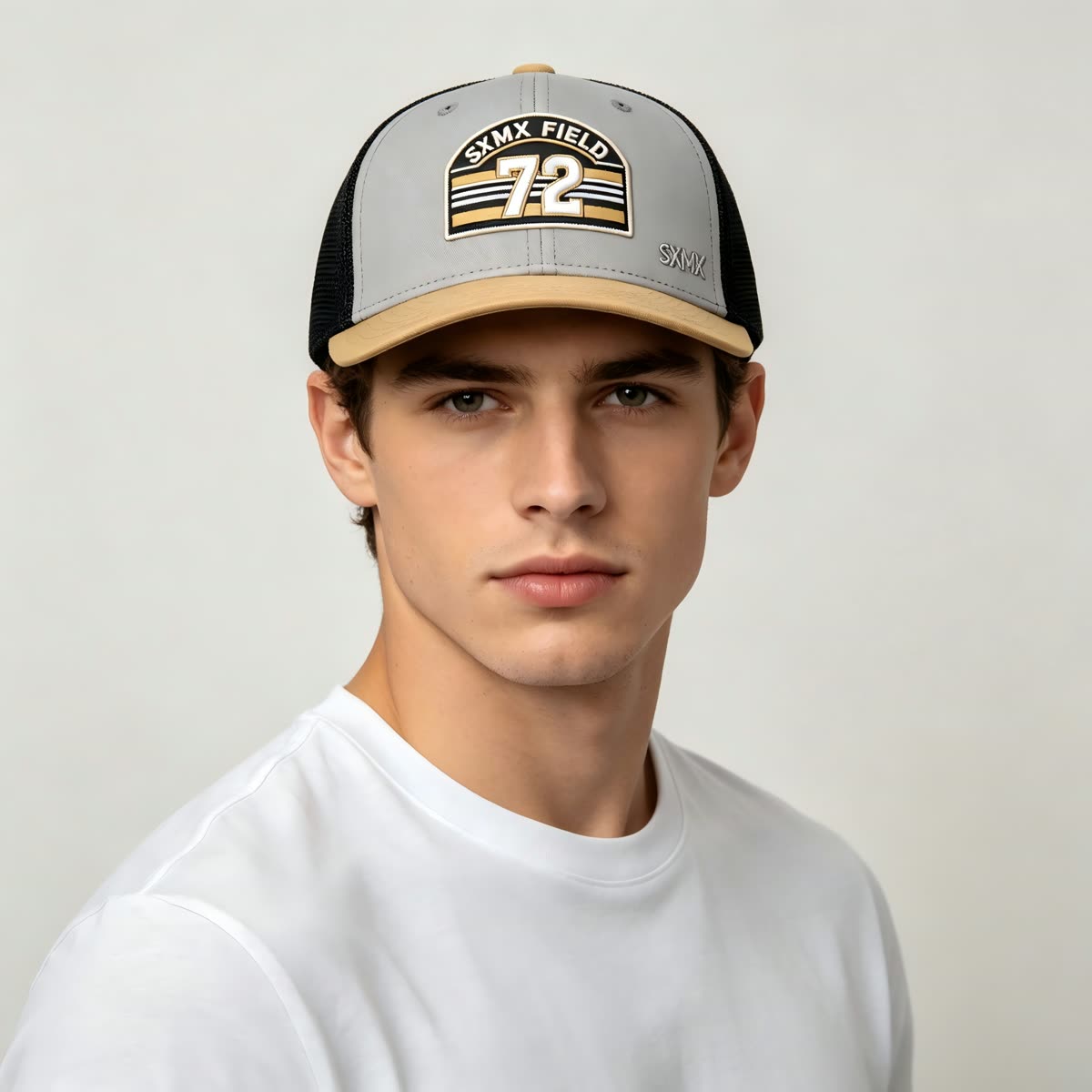 Custom Gray Striped Patch Trucker Cap with Cream Mesh Back on model