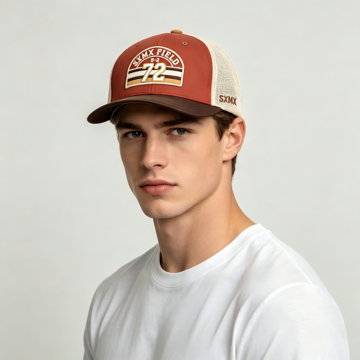 Custom Gray Striped Patch Trucker Cap with Cream Mesh Back on model