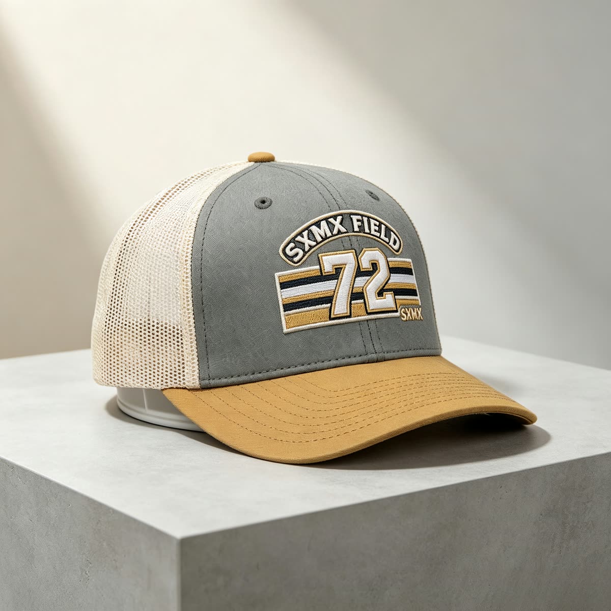 Custom Gray Striped Patch Trucker Cap with Cream Mesh Back scene