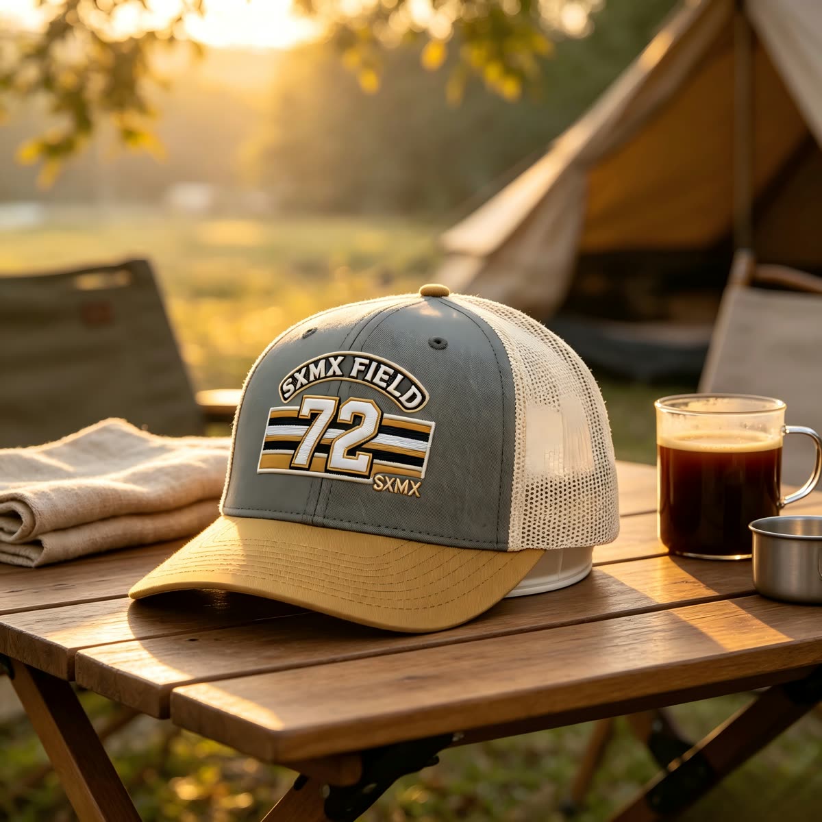 Custom Gray Striped Patch Trucker Cap with Cream Mesh Back scene
