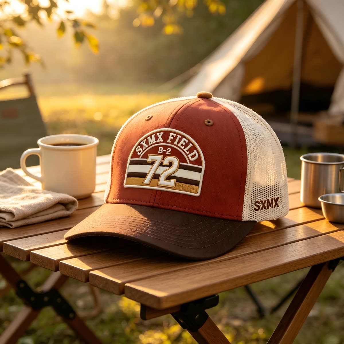 Custom Gray Striped Patch Trucker Cap with Cream Mesh Back scene