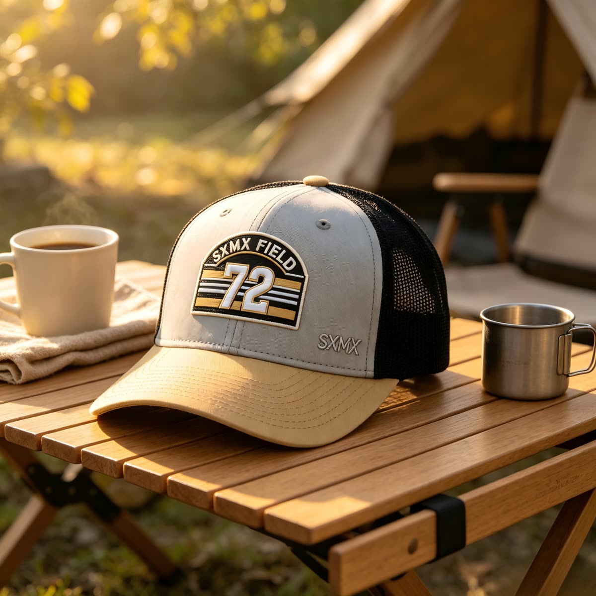 Custom Gray Striped Patch Trucker Cap with Cream Mesh Back scene