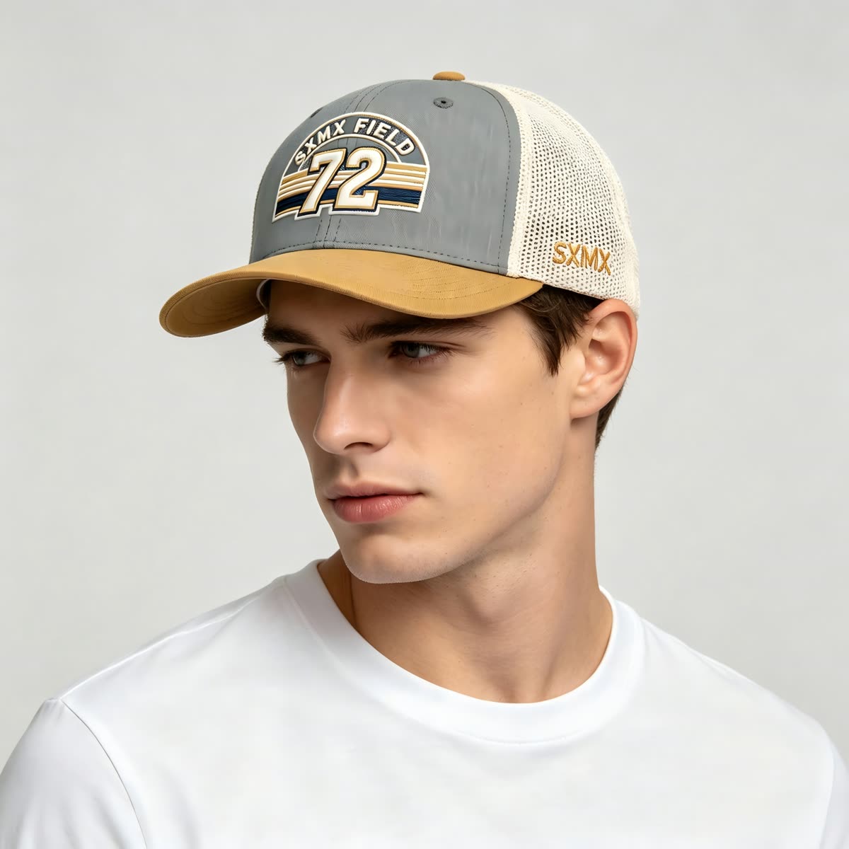 Custom Sunset Stripe Patch Trucker Cap with Khaki Brim on model