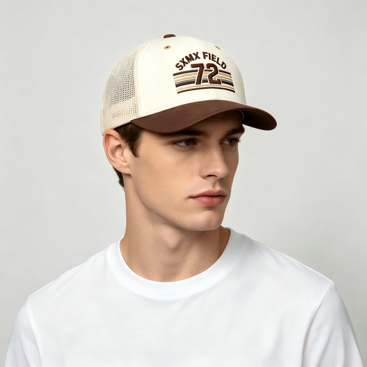 Custom Sunset Stripe Patch Trucker Cap with Khaki Brim on model