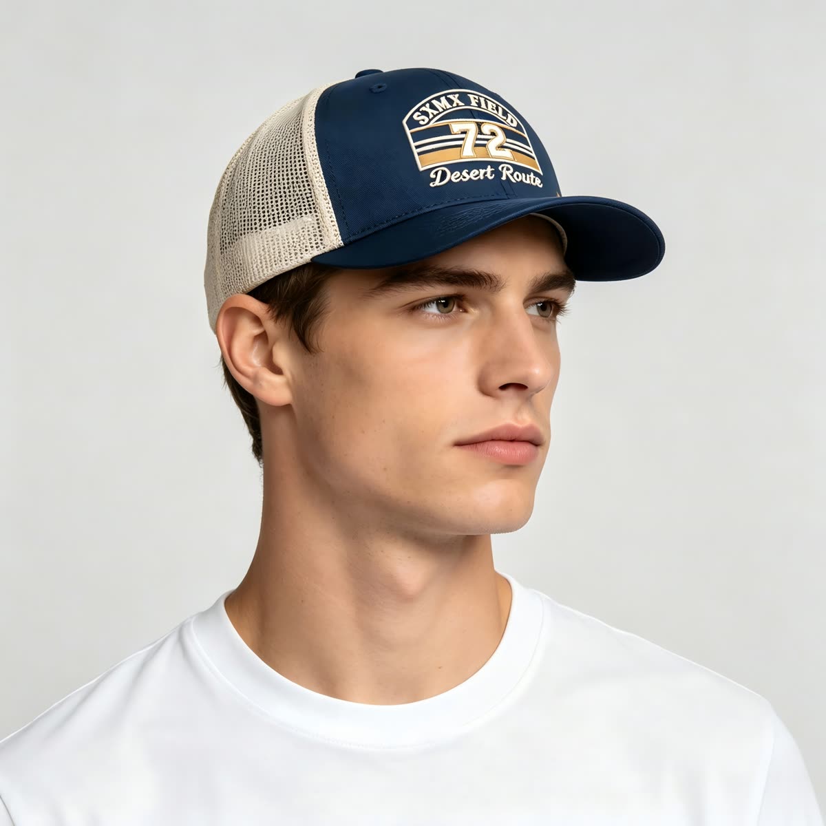 Custom Sunset Stripe Patch Trucker Cap with Khaki Brim on model