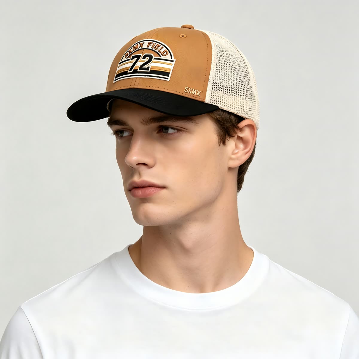 Custom Sunset Stripe Patch Trucker Cap with Khaki Brim on model