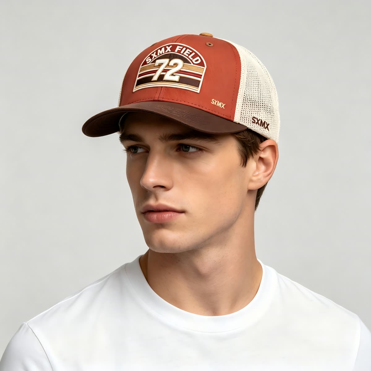 Custom Sunset Stripe Patch Trucker Cap with Khaki Brim on model