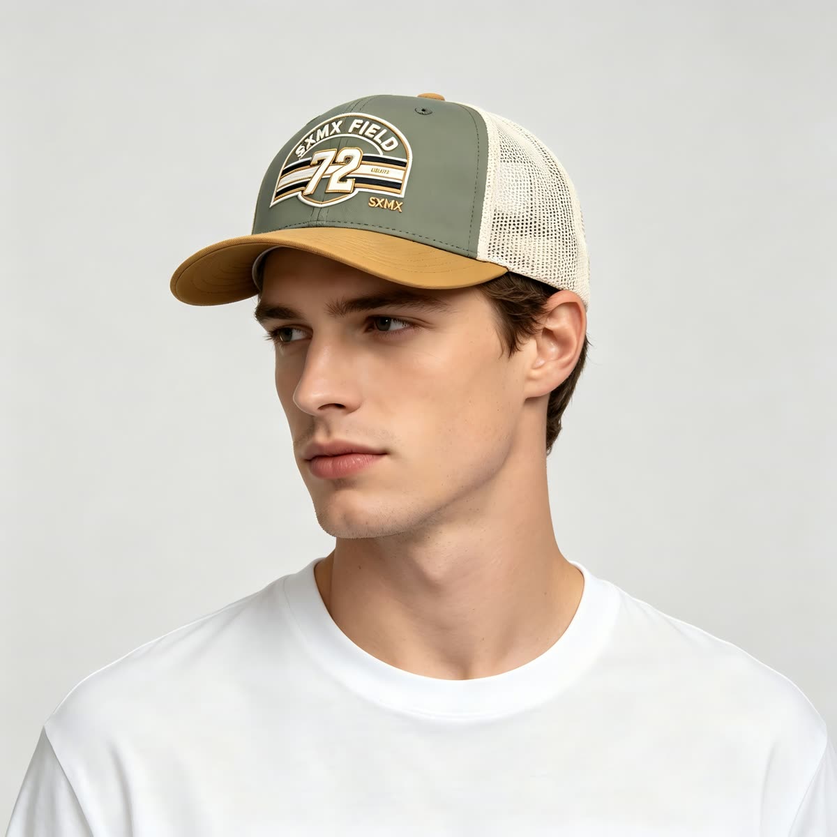 Custom Sunset Stripe Patch Trucker Cap with Khaki Brim on model