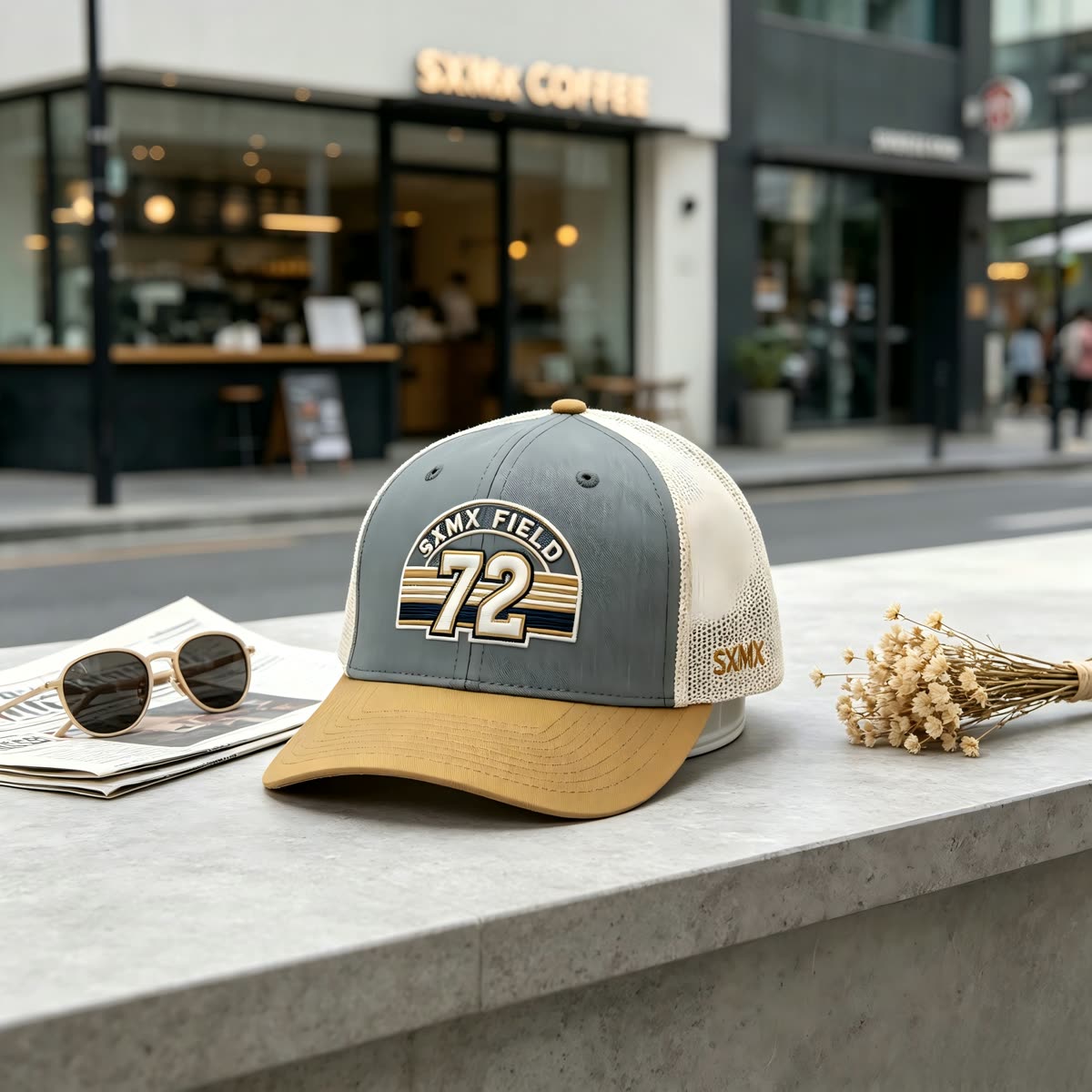 Custom Sunset Stripe Patch Trucker Cap with Khaki Brim scene