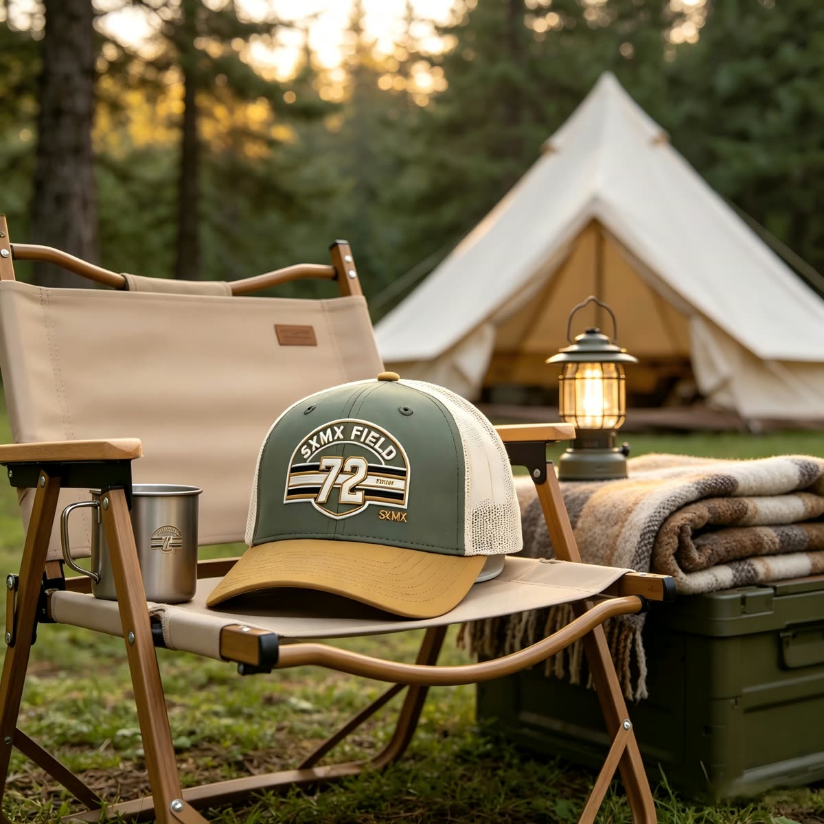 Custom Sunset Stripe Patch Trucker Cap with Khaki Brim scene