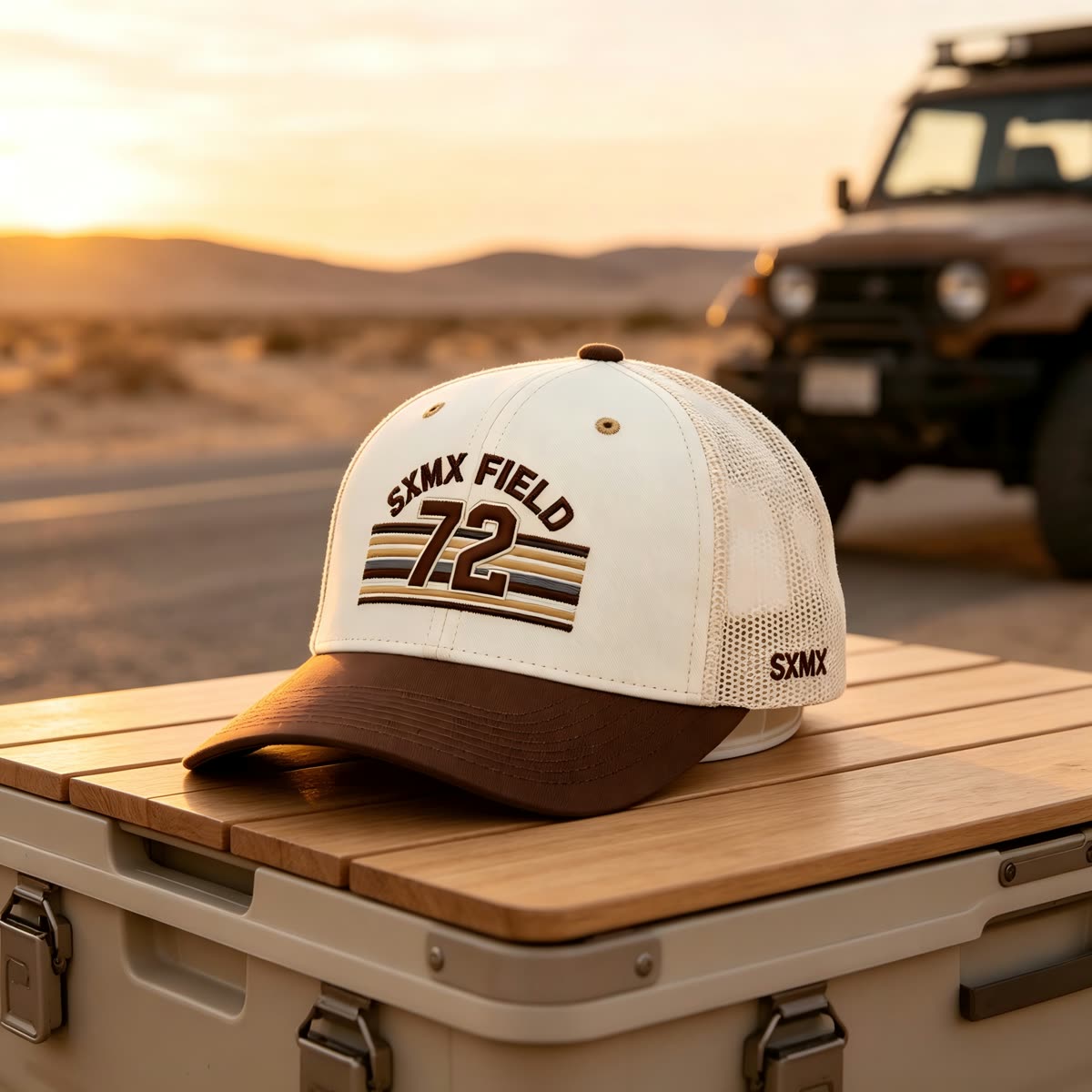 Custom Sunset Stripe Patch Trucker Cap with Khaki Brim scene