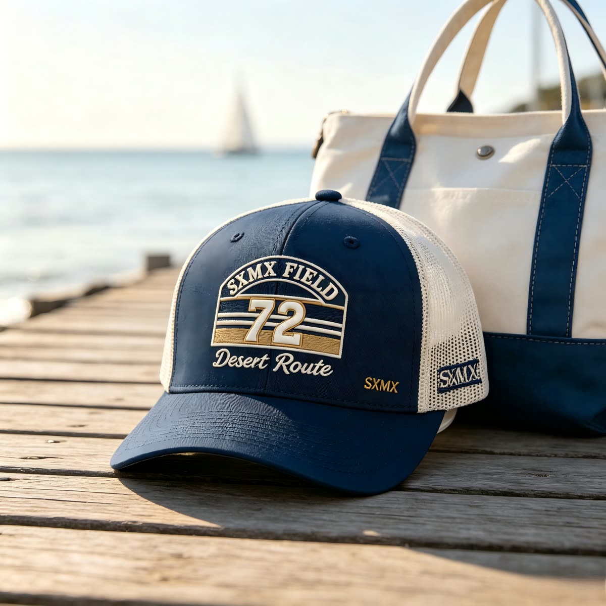 Custom Sunset Stripe Patch Trucker Cap with Khaki Brim scene
