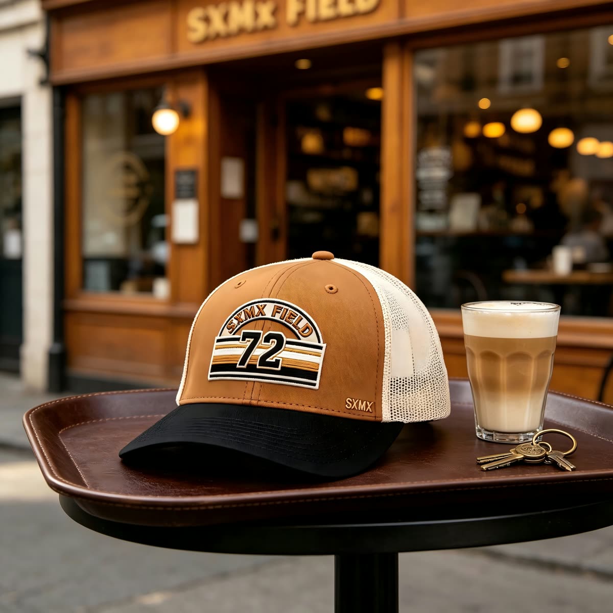 Custom Sunset Stripe Patch Trucker Cap with Khaki Brim scene