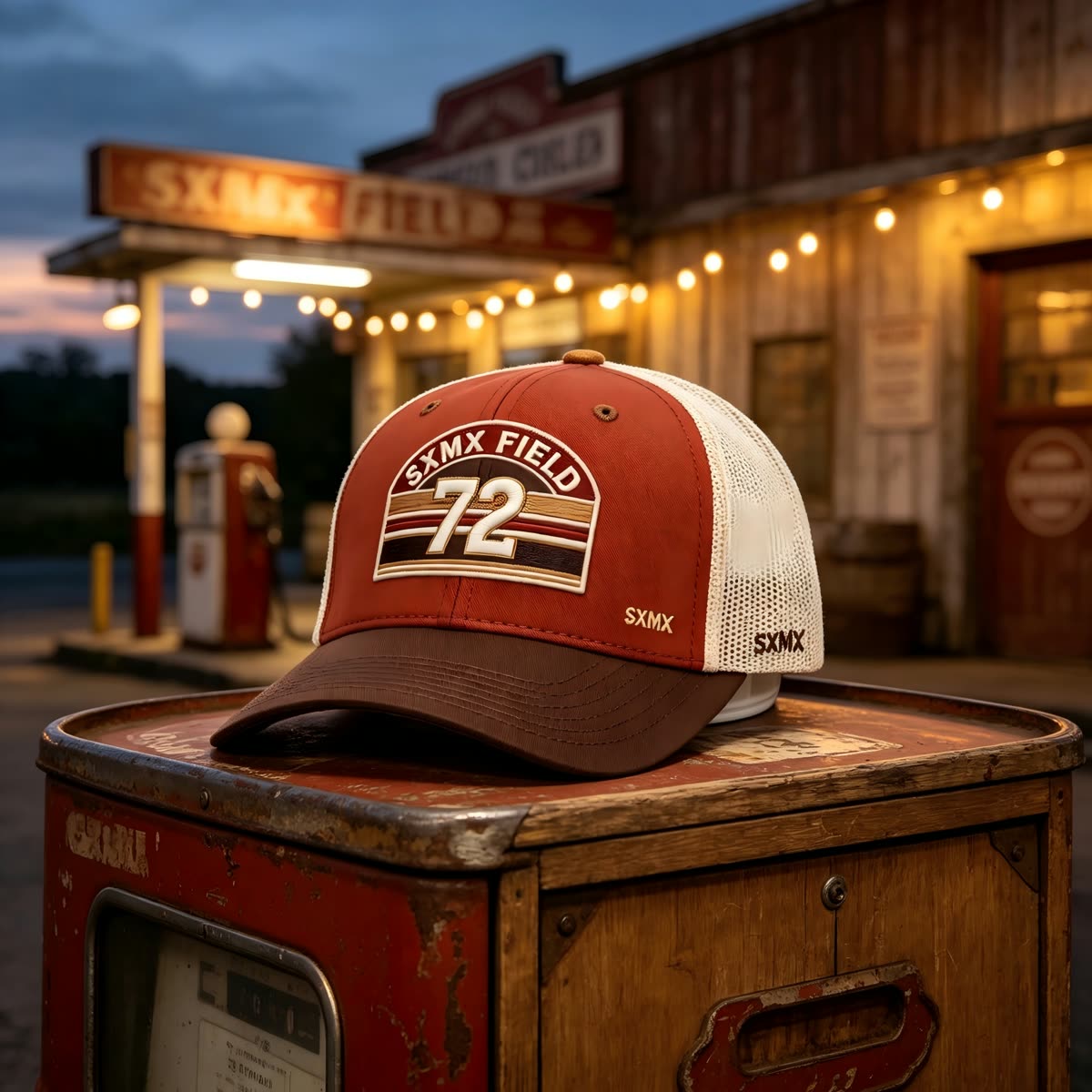 Custom Sunset Stripe Patch Trucker Cap with Khaki Brim scene