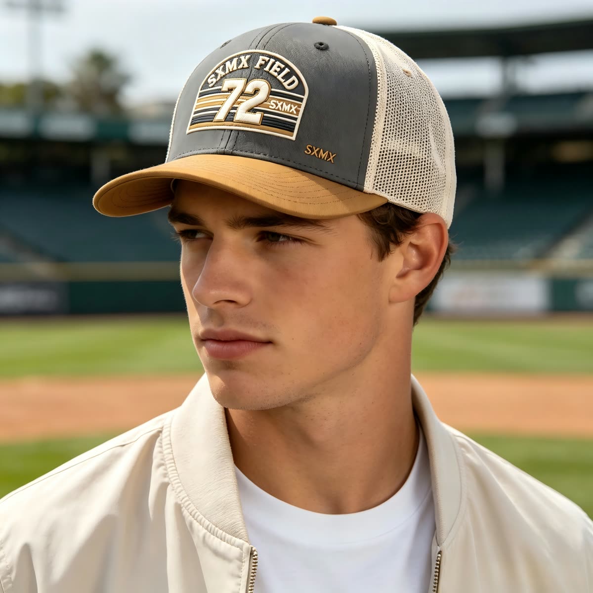 Custom Cream Striped Patch Trucker Cap with Sage Brim on model