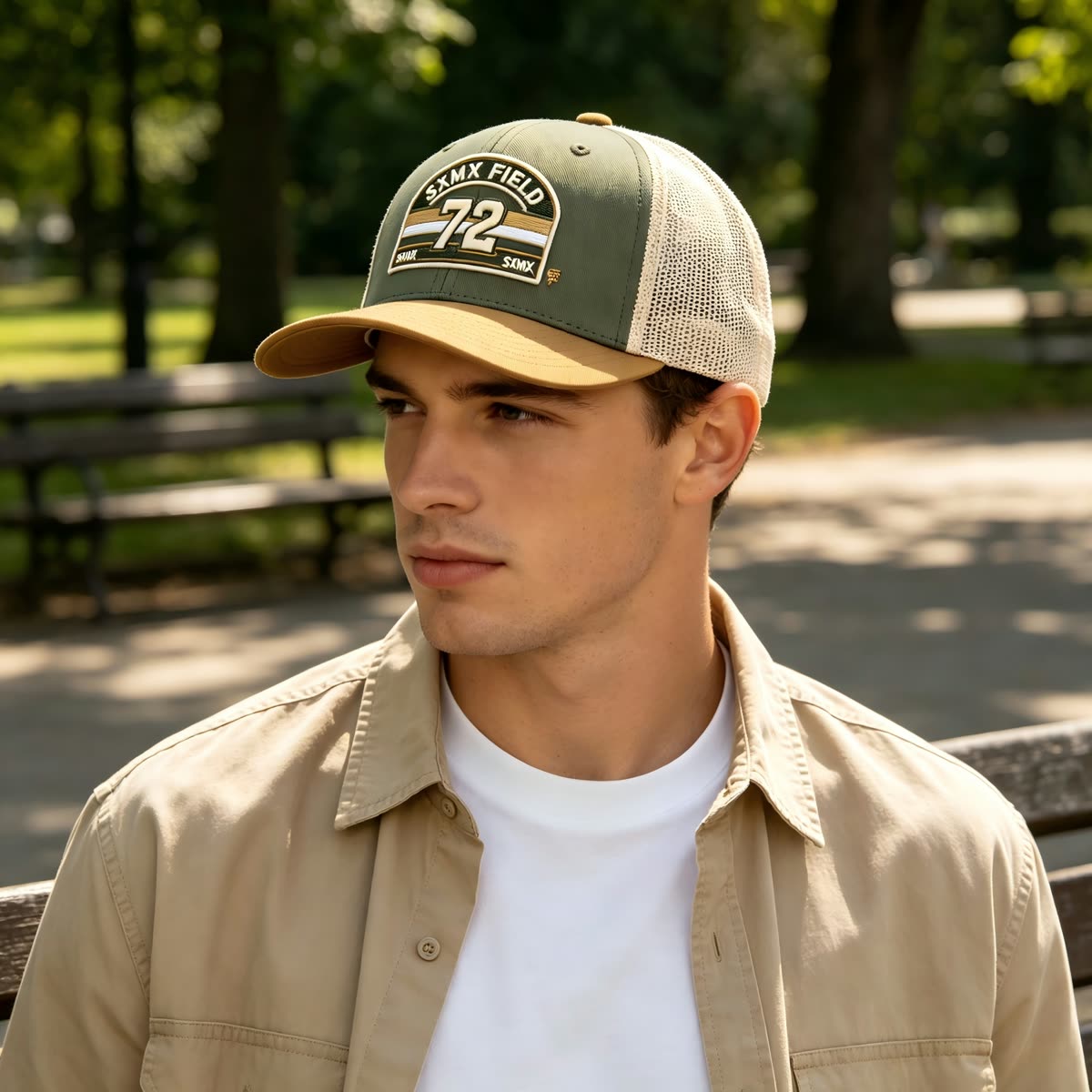 Custom Cream Striped Patch Trucker Cap with Sage Brim on model
