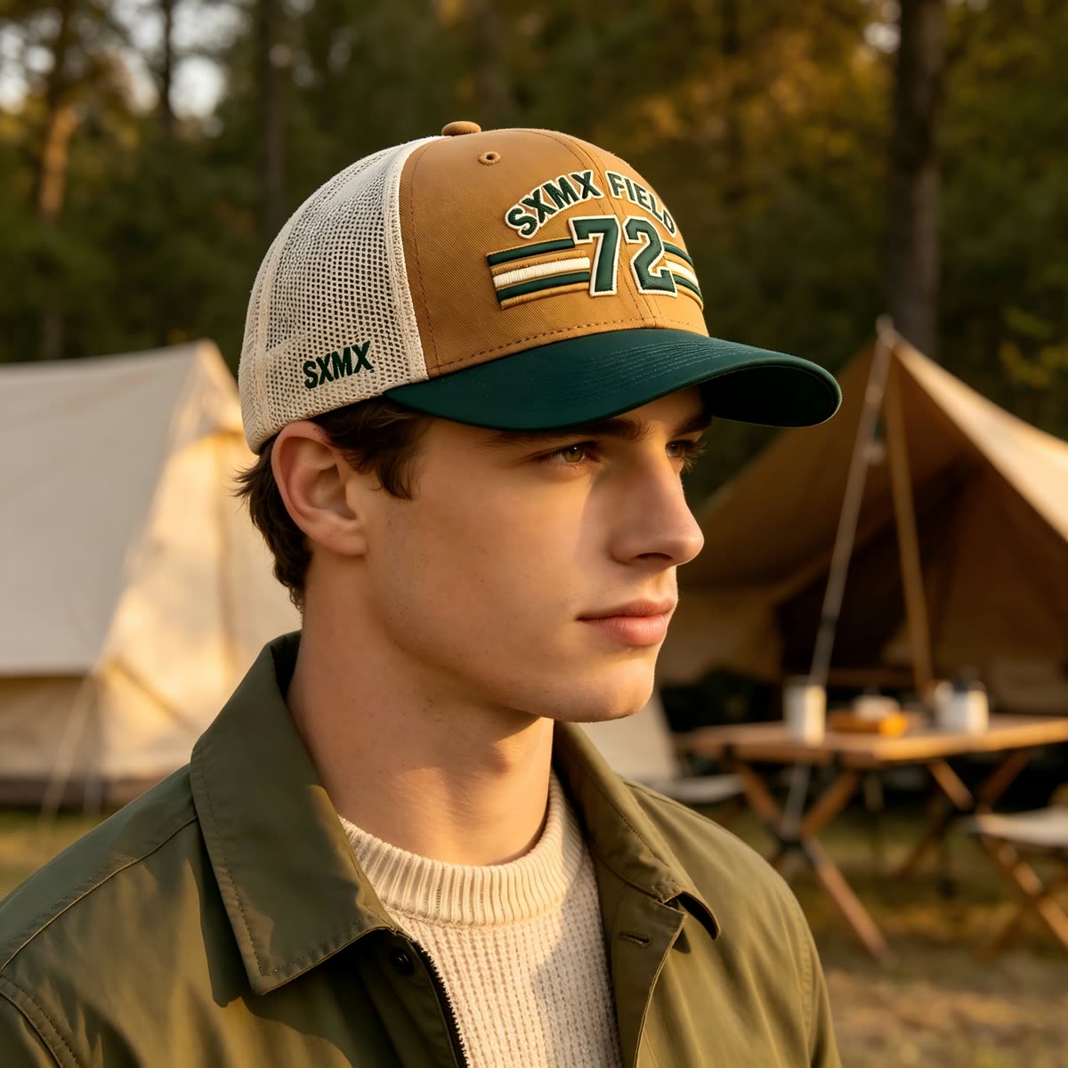 Custom Cream Striped Patch Trucker Cap with Sage Brim on model