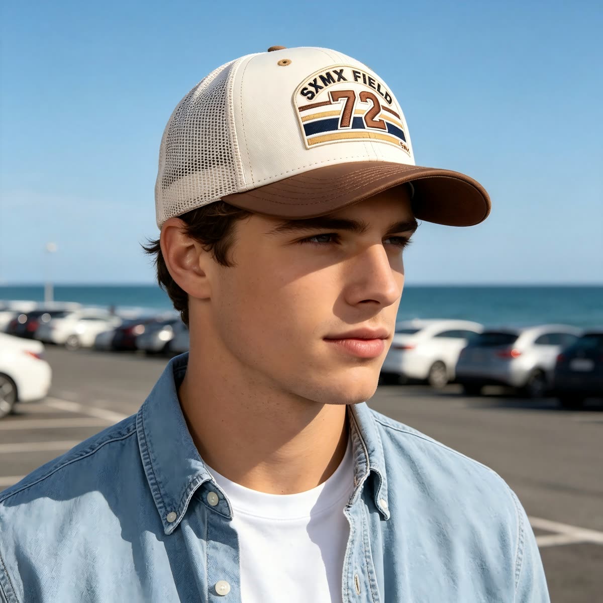 Custom Cream Striped Patch Trucker Cap with Sage Brim on model
