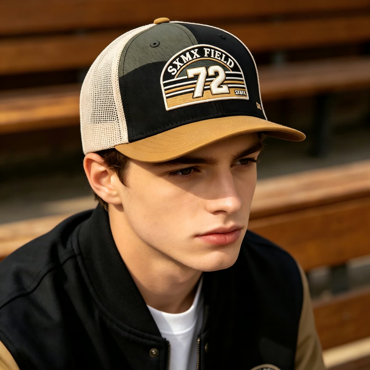 Custom Cream Striped Patch Trucker Cap with Sage Brim on model