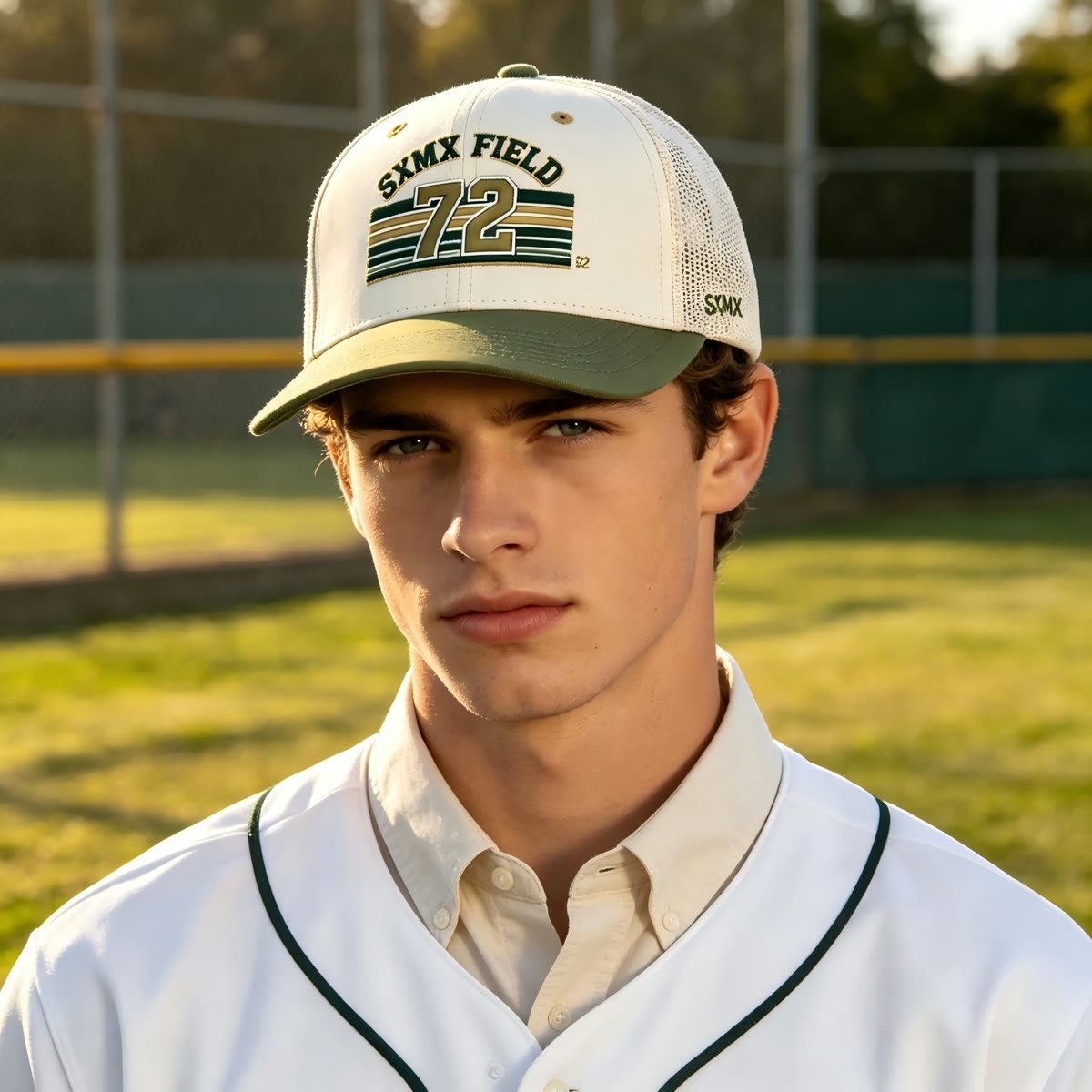 Custom Cream Striped Patch Trucker Cap with Sage Brim on model