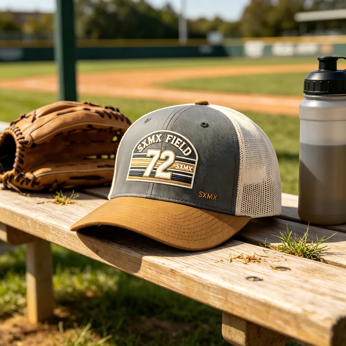 Custom Cream Striped Patch Trucker Cap with Sage Brim scene
