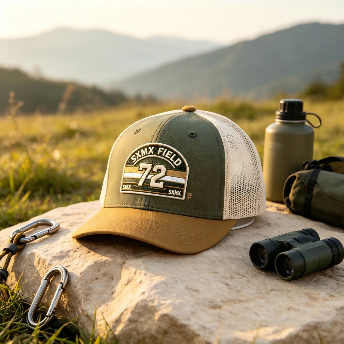 Custom Cream Striped Patch Trucker Cap with Sage Brim scene